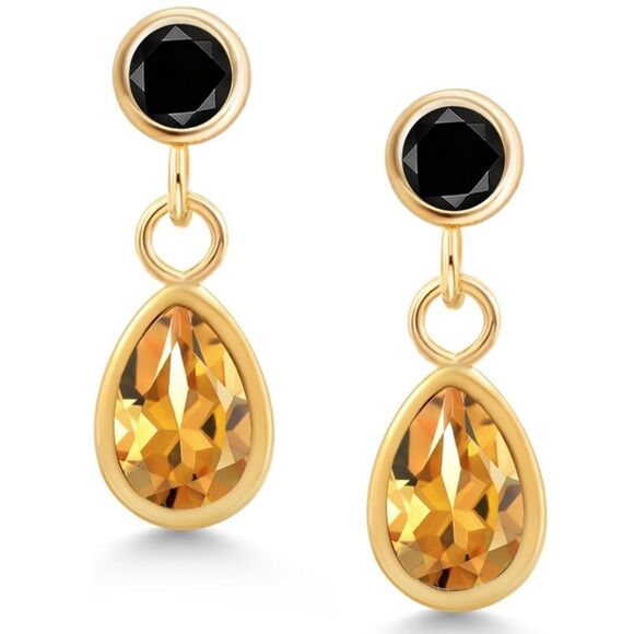 14K Yellow Gold with 0.86 Cttw Yellow Citrine and Black Diamond Post Earrings
